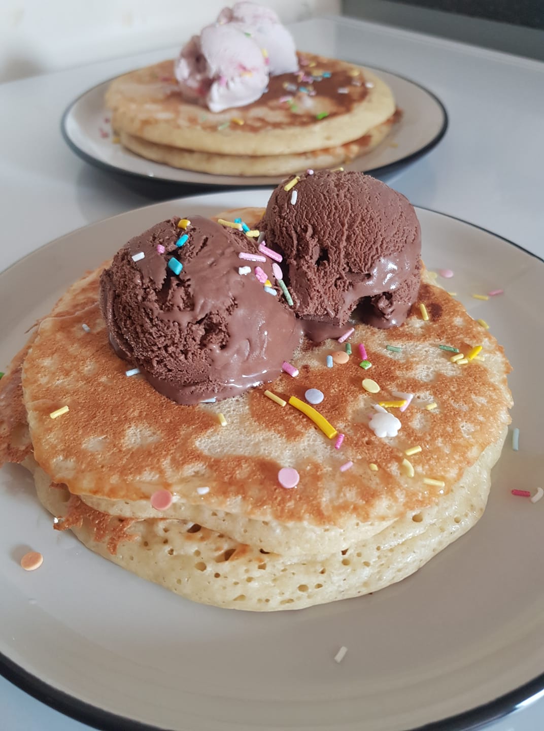 pancakes with chocolate ice cream on top