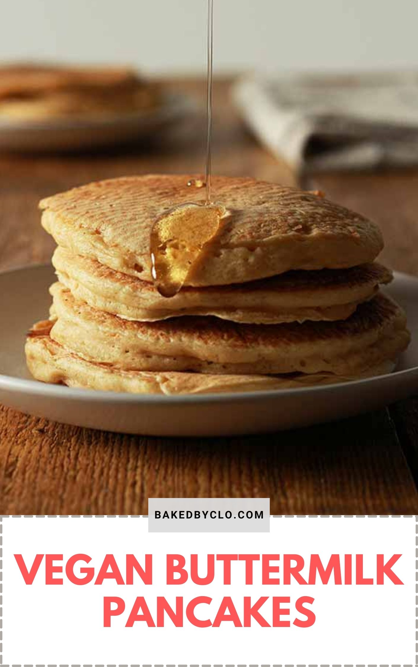 Pinterest pin image of a stack of vegan buttermilk pancakes