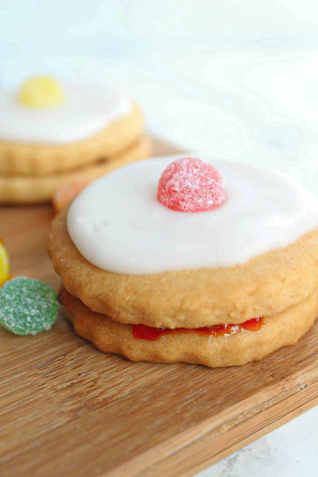 a vegan Empire biscuit with a red Jelly Tot on top
