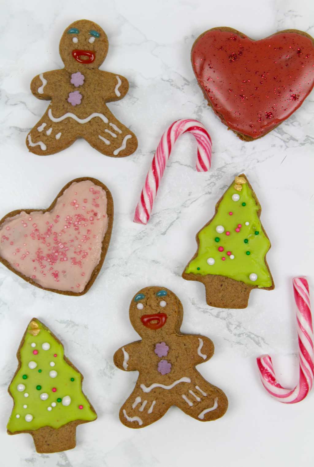 a variety of vegan gingerbread cookies decorated with icing