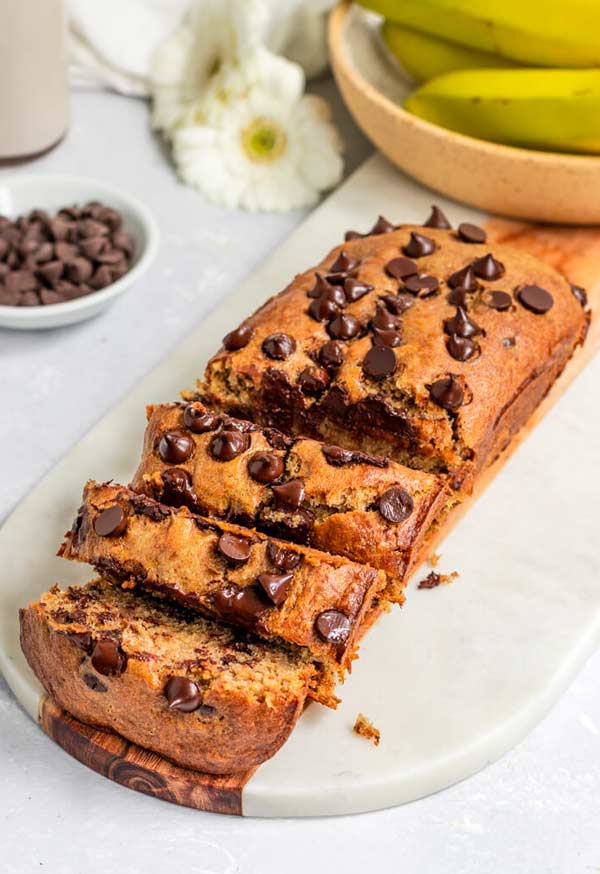 chocolate chip banana bread cut in to slices