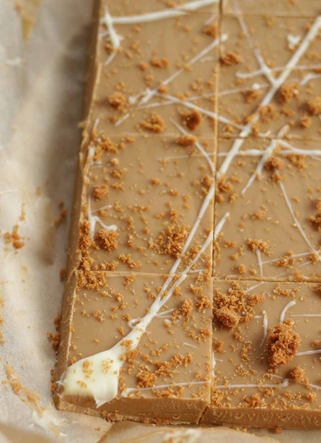 Fudge block With White Chocolate Drizzle And Biscoff Crumbs