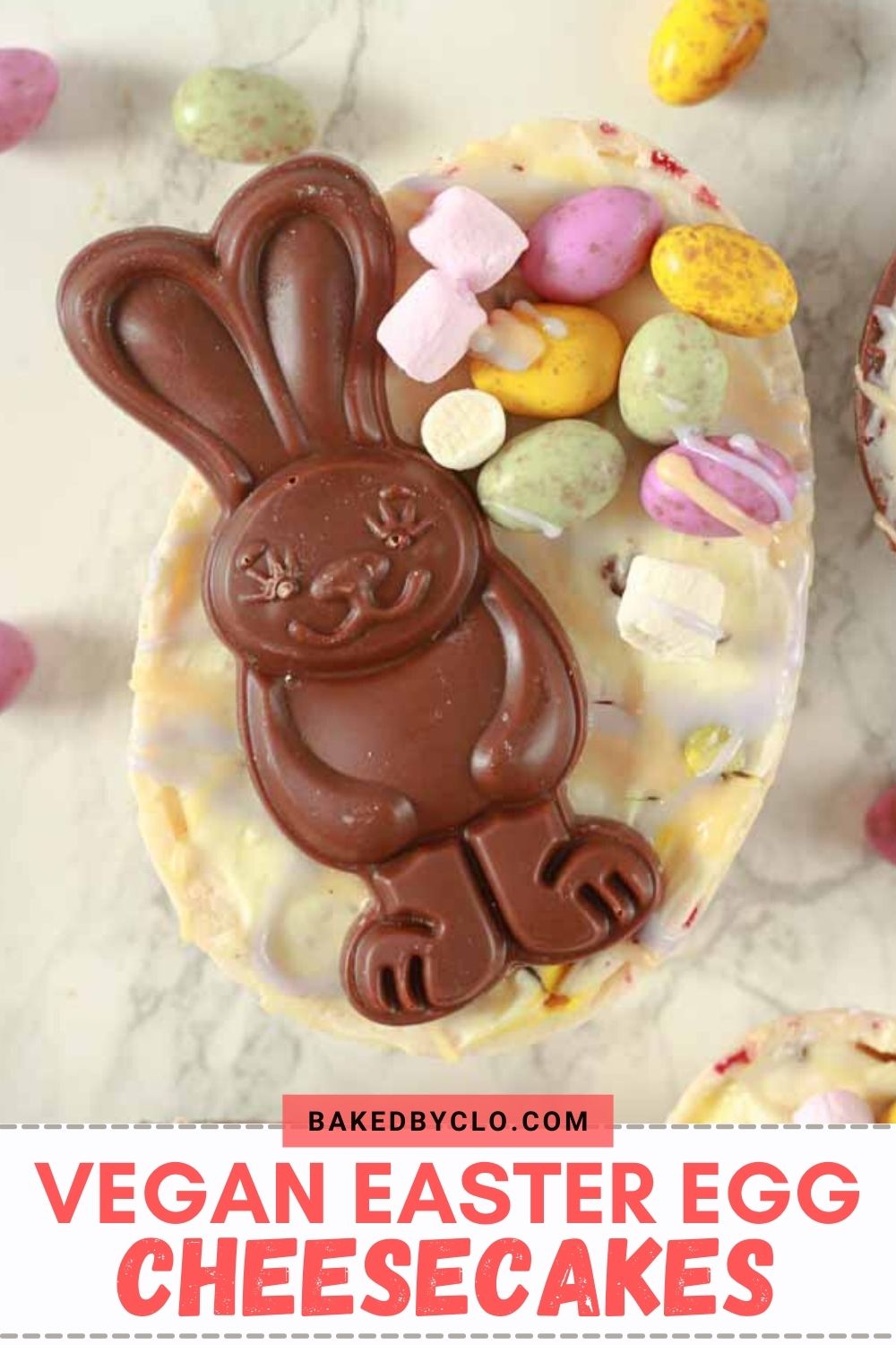 Pinterest pin of cheesecake egg with chocolate bunny on top