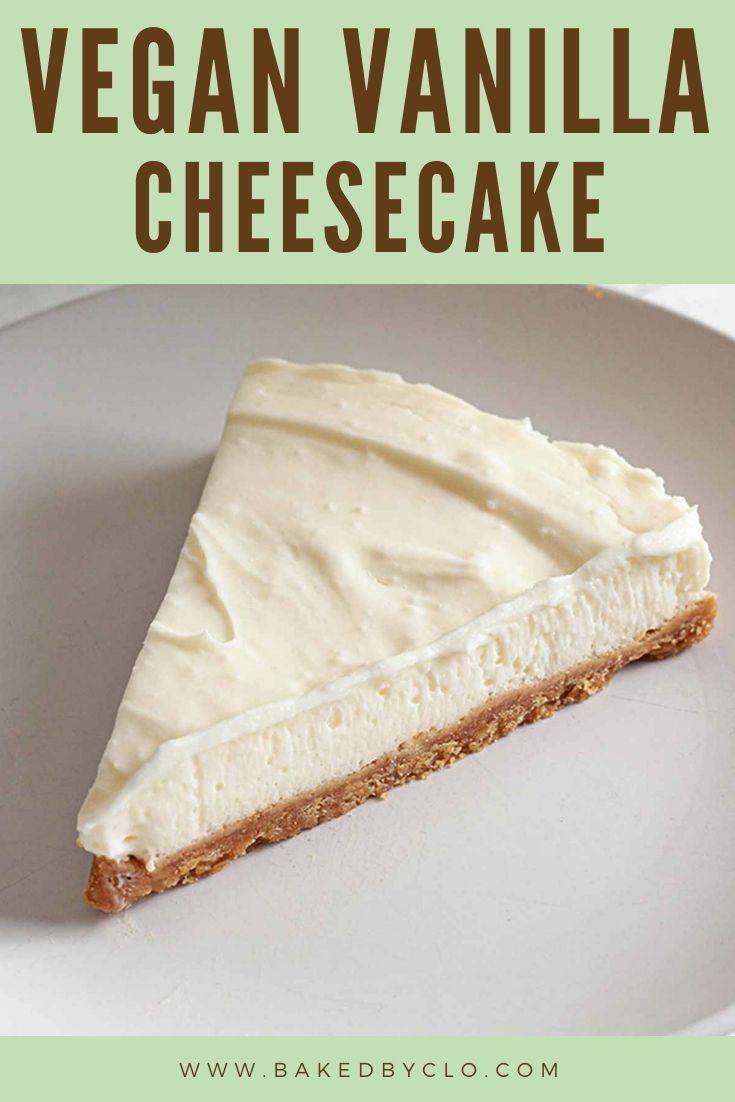 Pinterest pin image of a slice of vanilla cheesecake