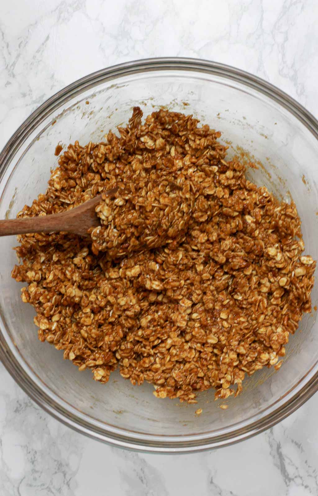 Peanut Butter Flapjack Mixture In A Glass Bowl