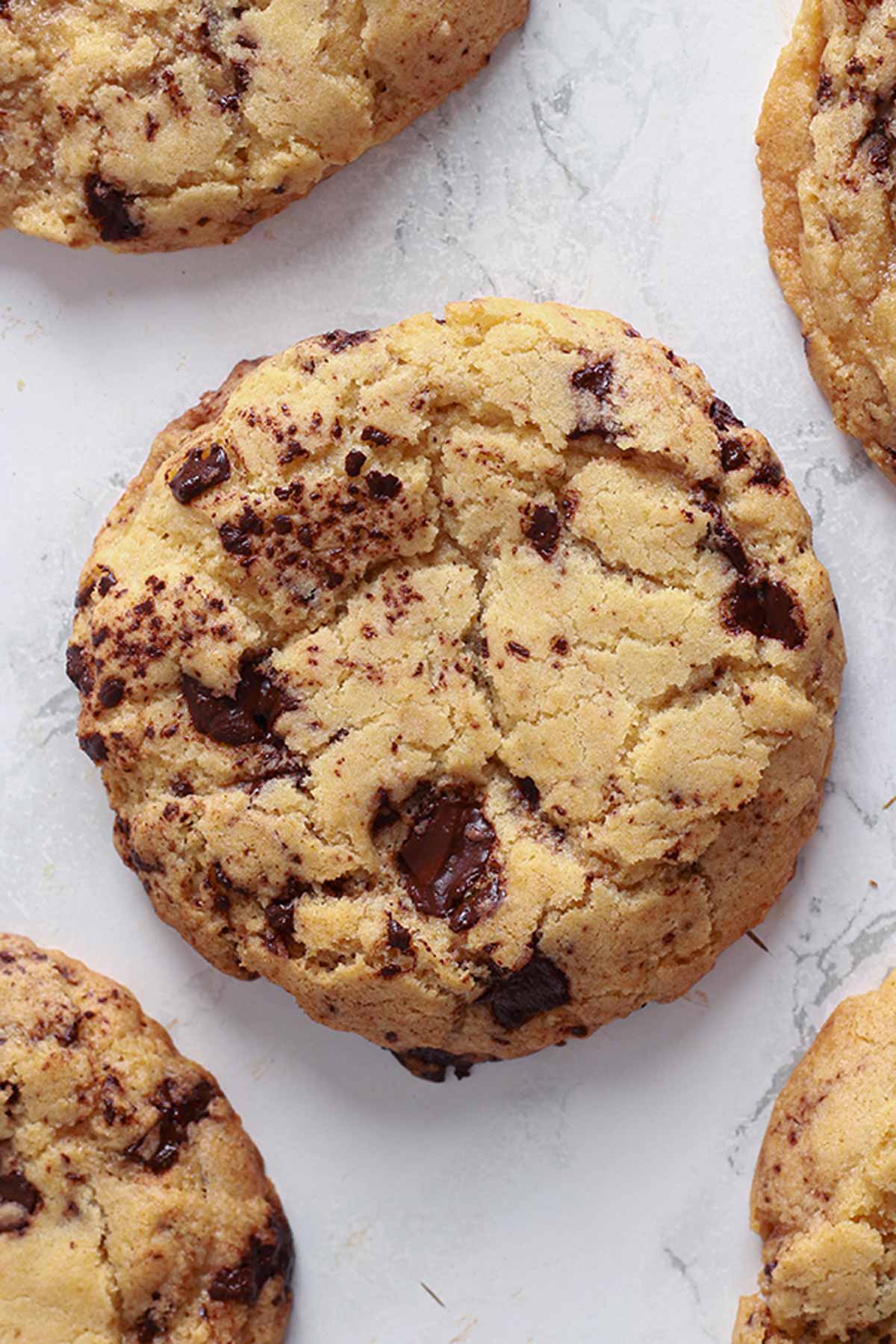 5 Chocolate Chip Gluten Free Cookies On A White Surface