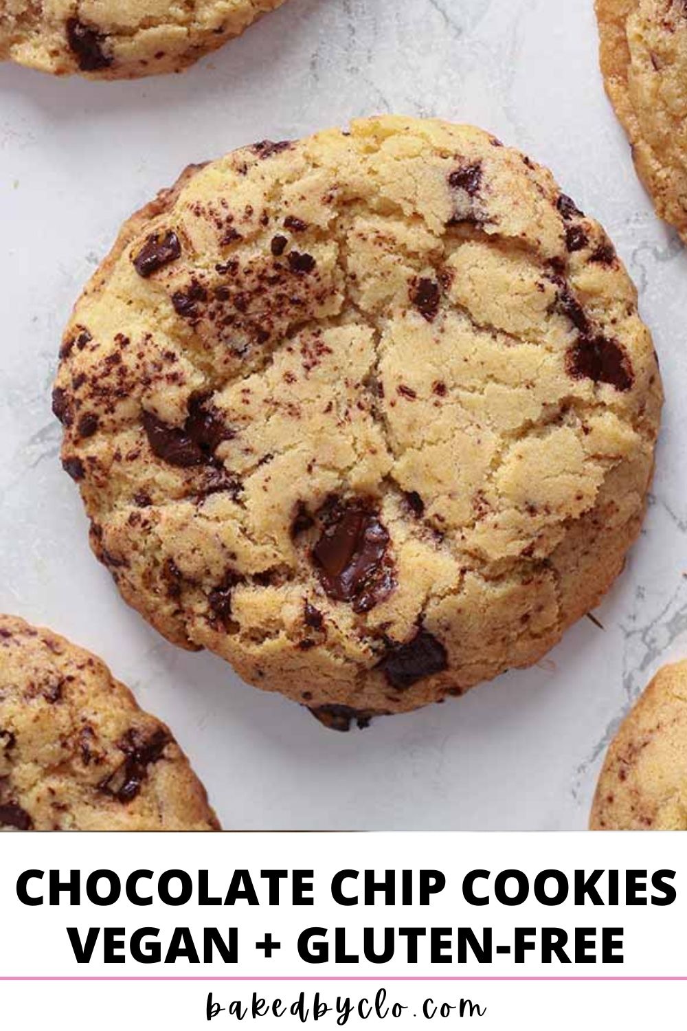 Pinterest Pin- image of cookie alongside black text that reads "chocolate chip cookies vegan+gluten-free"