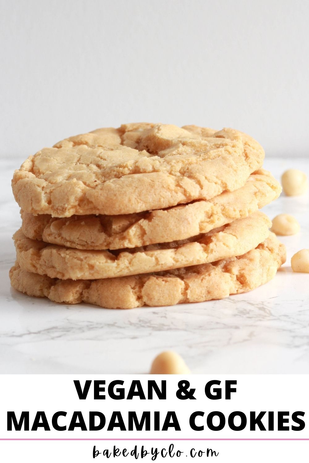 Pinterest Pin - image shows stack of 4 cookies alongside the text "vegan & GF macadamia cookies"
