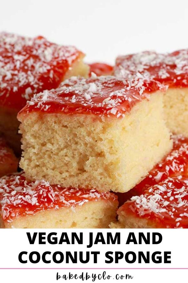 Pinterest pin with image of sponge cake with jam and coconut on top