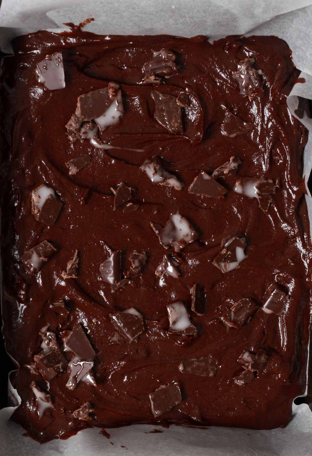 Brownie Batter In A Tin With Dairy Free After Eight Pieces On Top
