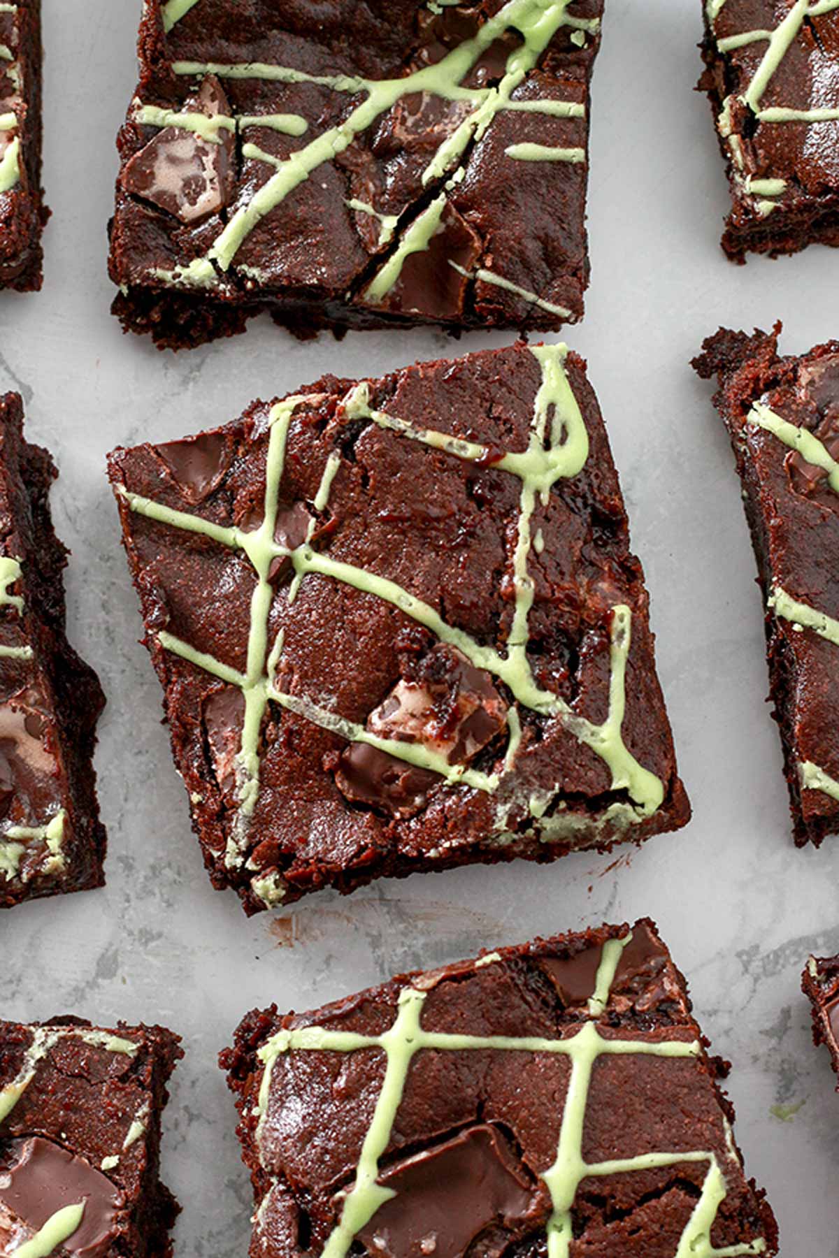 Overhead Shot Of Vegan Mint Brownies On A White Background