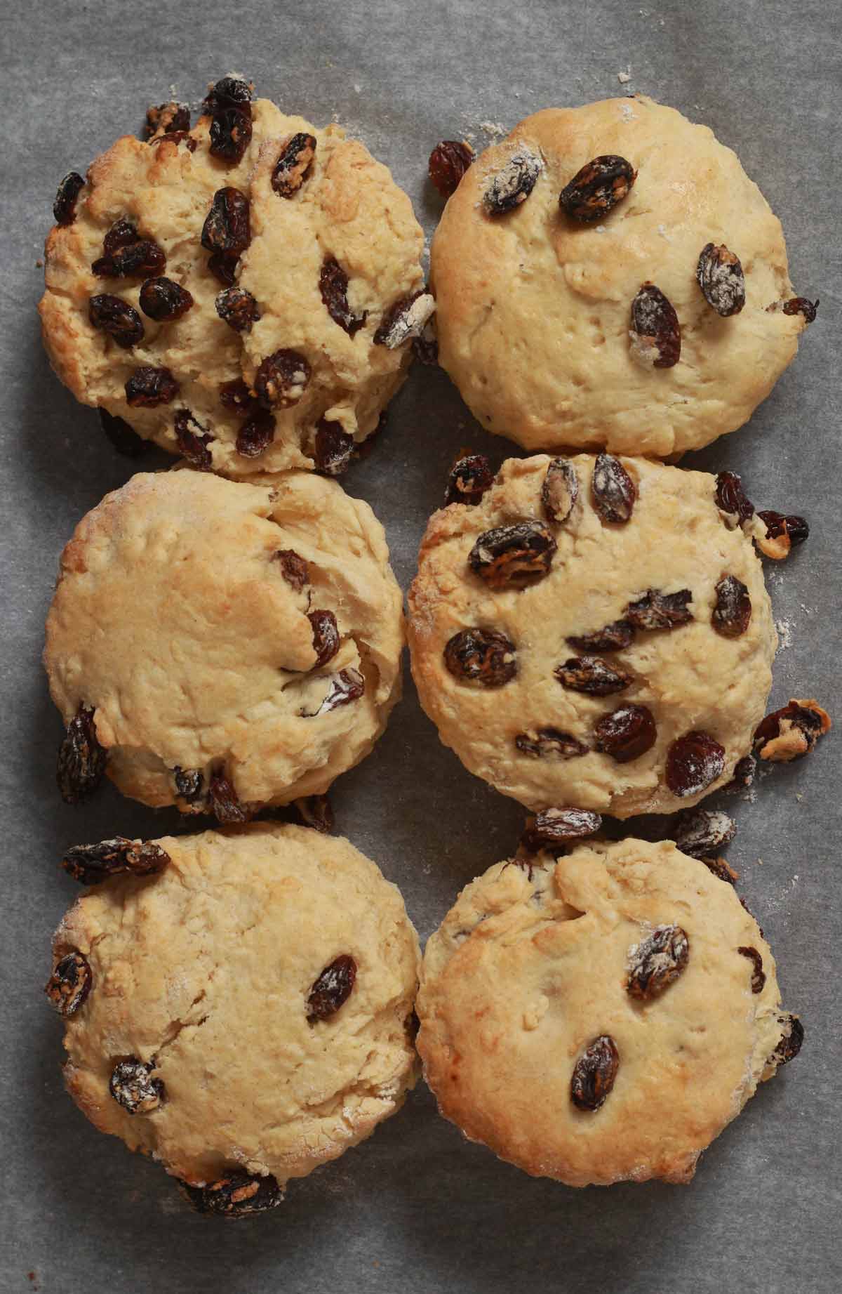 Six Baked fruit Scones On A Lined Tray