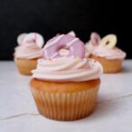 close up of cupcake with Party Ring biscuit on top