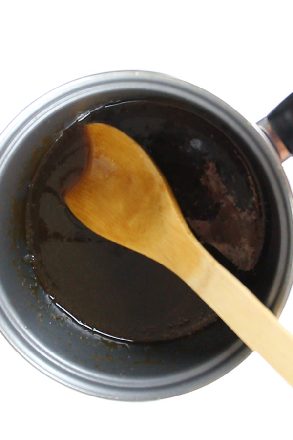 mixing the toffee sauce in a small pot