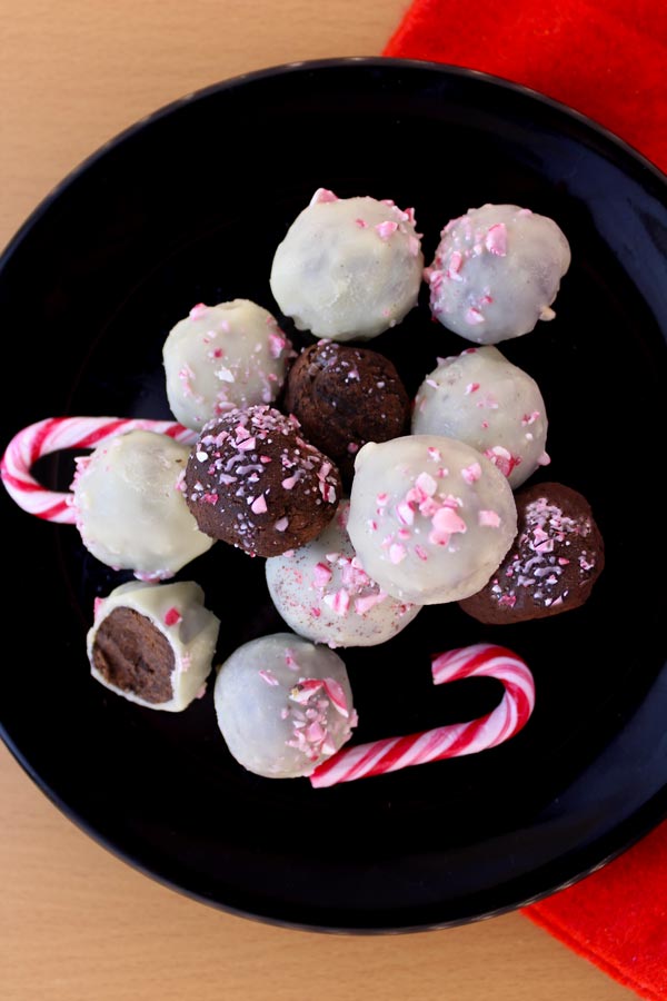 plate full of dark and white chocolate peppermint truffles