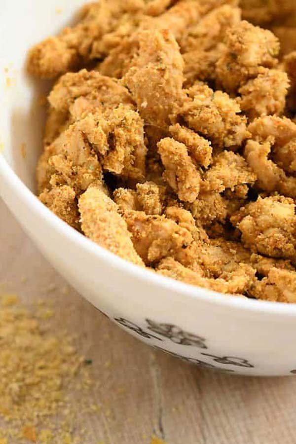 Fried soy curls in a bowl, close up
