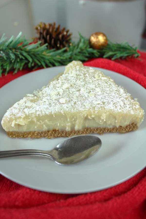 Vegan white chocolate torte with gingernut base.