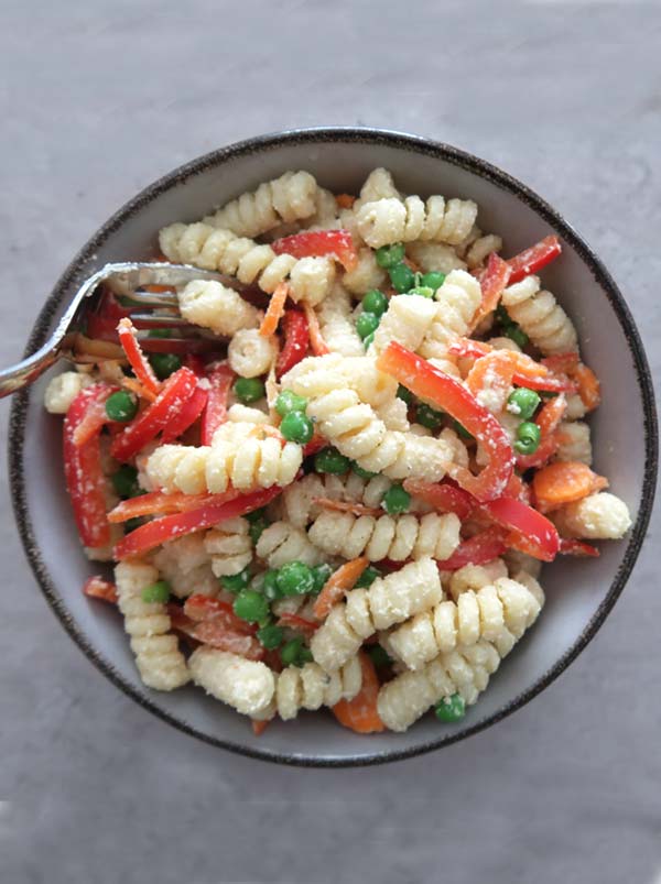 Overhead shot of pasta salad