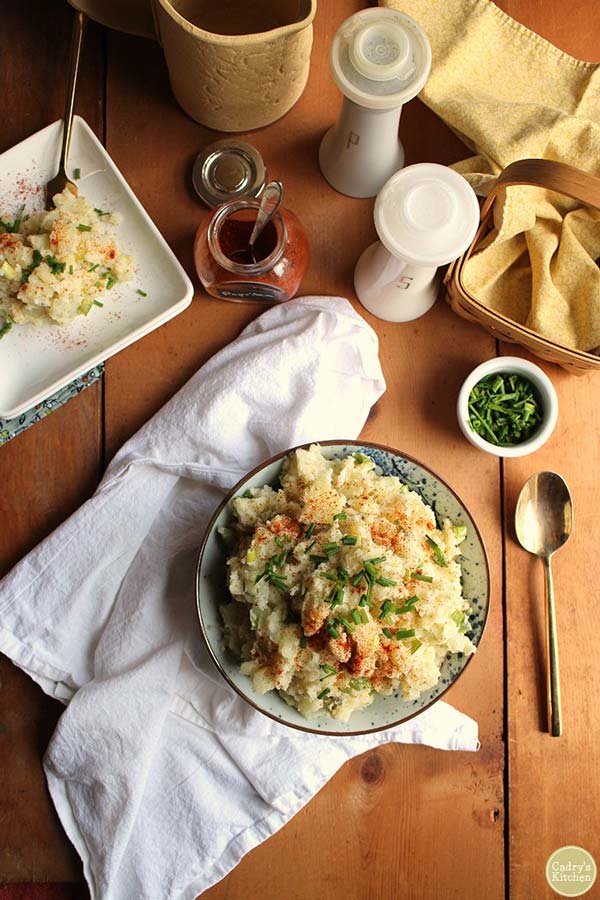 Overhead shot of potato salad on a table