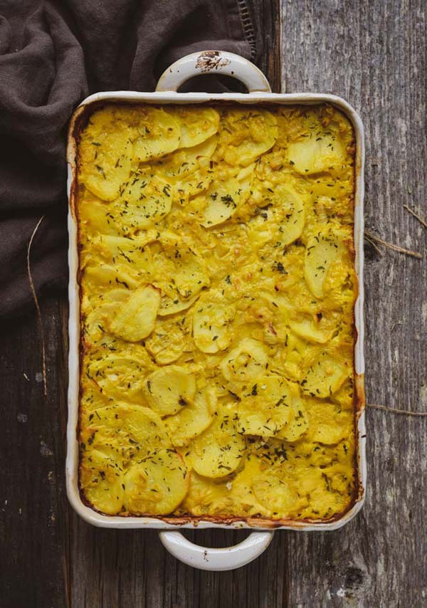 Scalloped potatoes in a baking dish