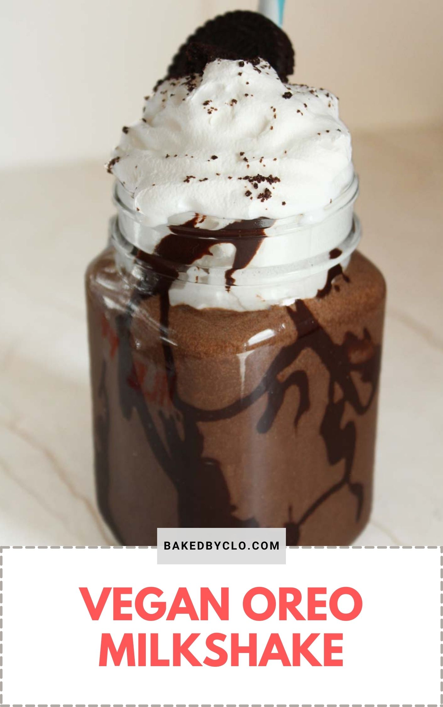 Pinterest pin of milkshake in a glass container. Below is pink text that reads Vegan Oreo Milkshake