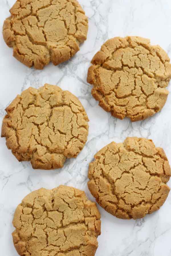 overhead shot of 5 vegan peanut butter cookies on a white surface