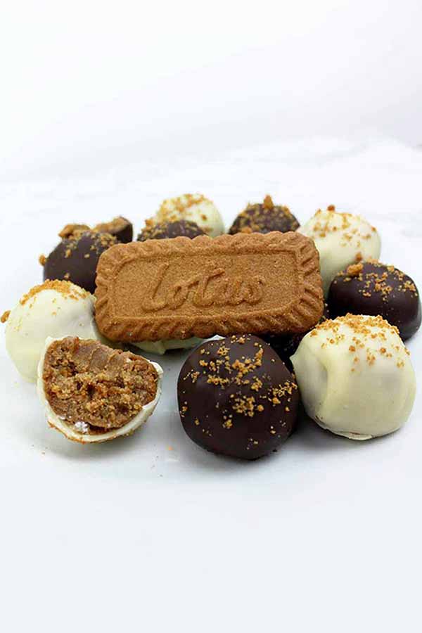 a group of truffles with a Lotus Biscoff cookie in the centre