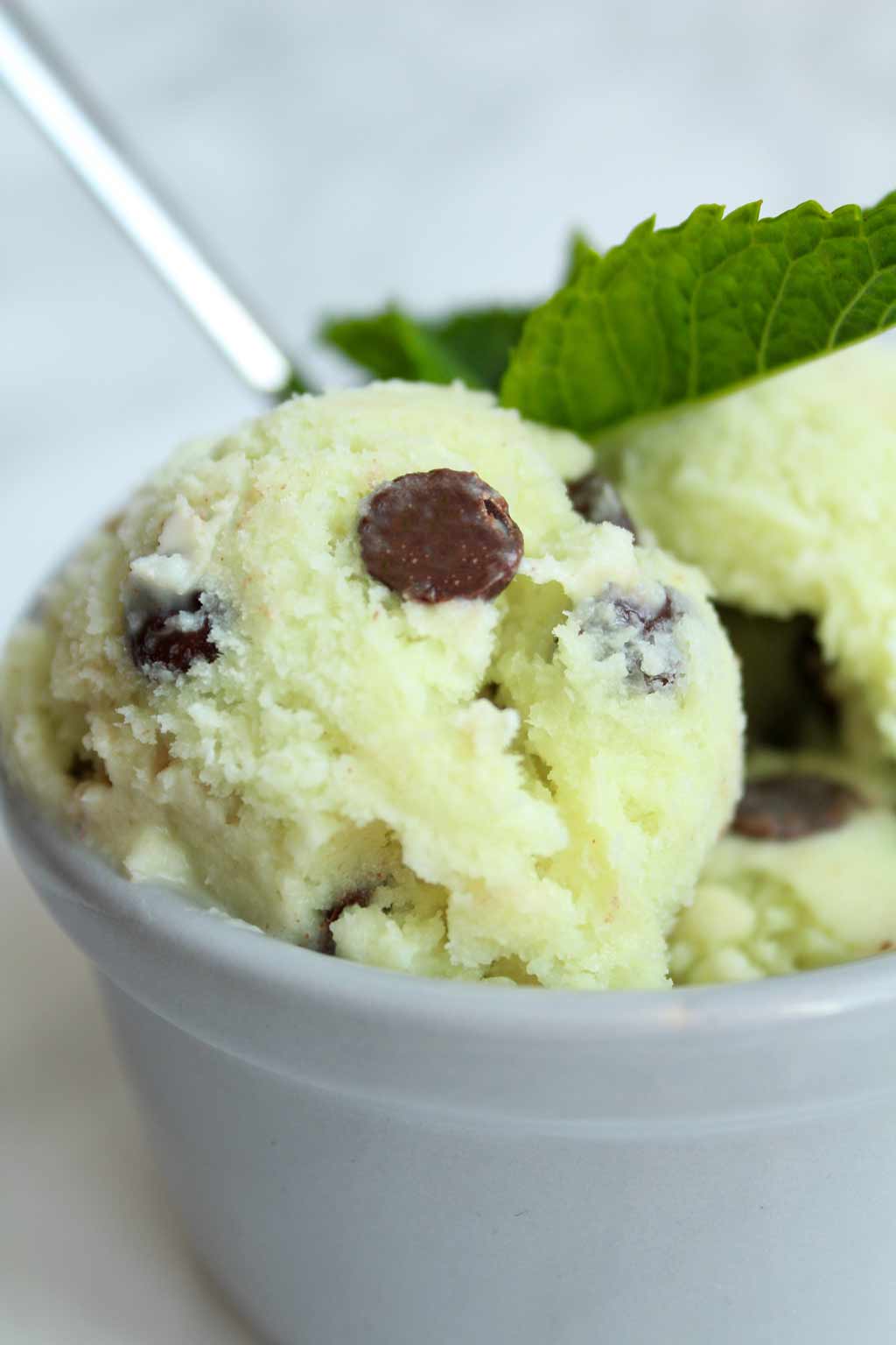 mint chocolate chip ice cream in a bowl
