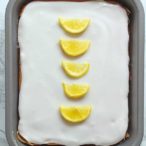 vegan lemon elderflower cake with lemon slices on top