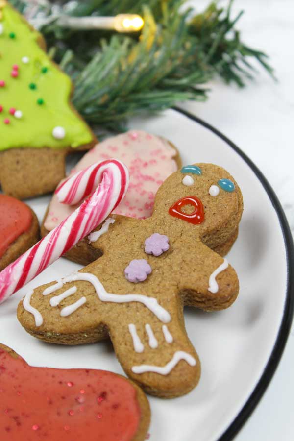 vegan gingerbread cookies - a gingerbread man on a plate