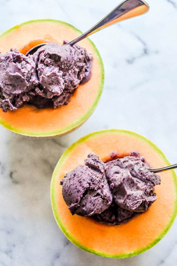 cantaloupe melon filled with frozen healthy vegan blueberry desserts