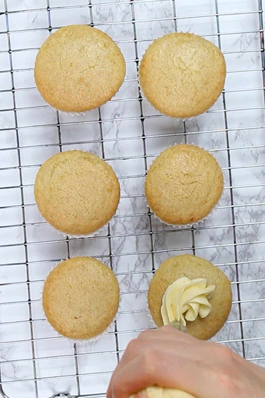 piping vegan lemon buttercream frosting onto the cooled cupcakes