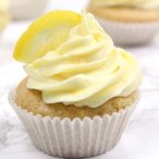 close up of one vegan lemon cupcake