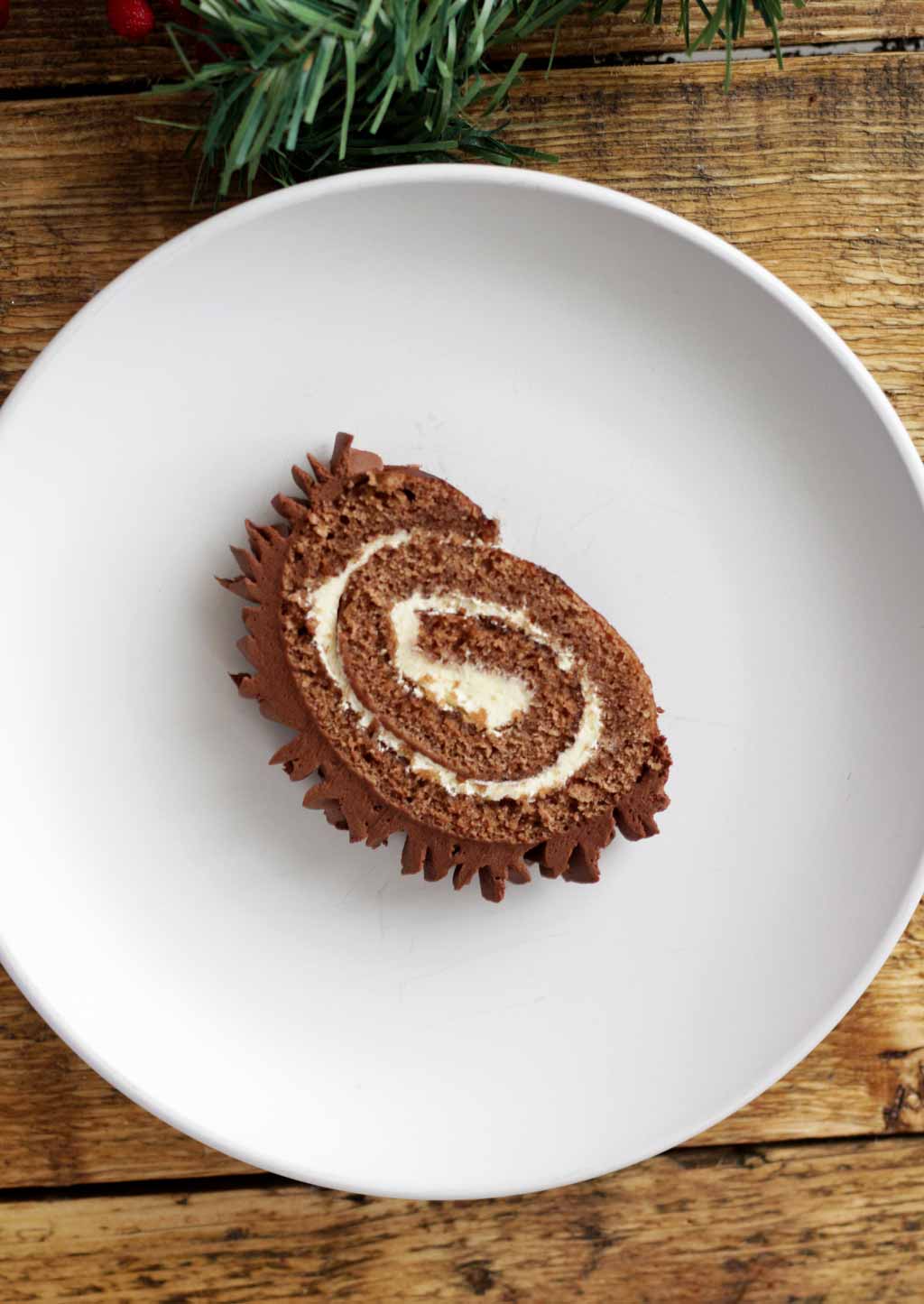 A Slice Of Yule Log On A White Plate
