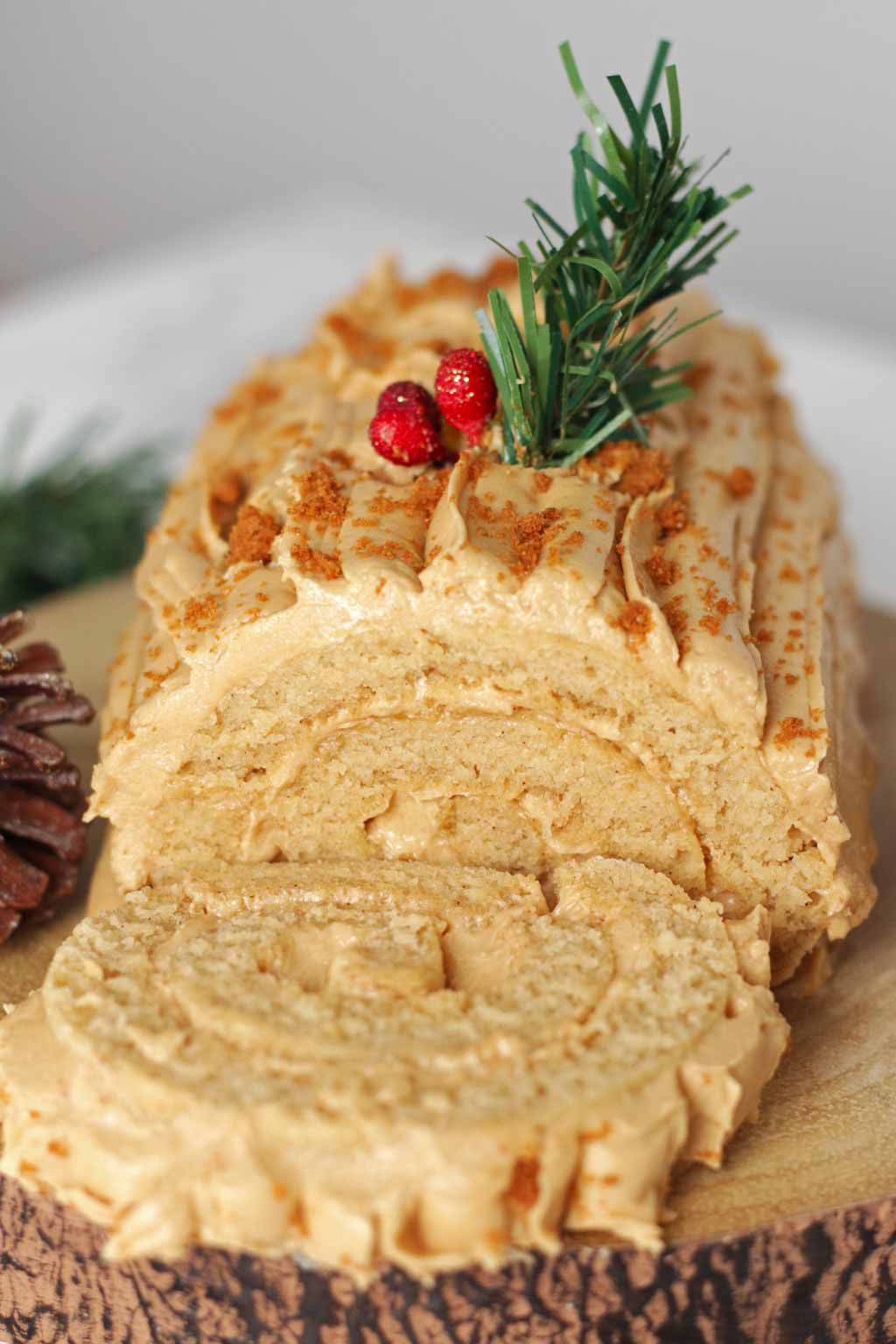 Biscoff Yule Log With Artificial Berries On Top