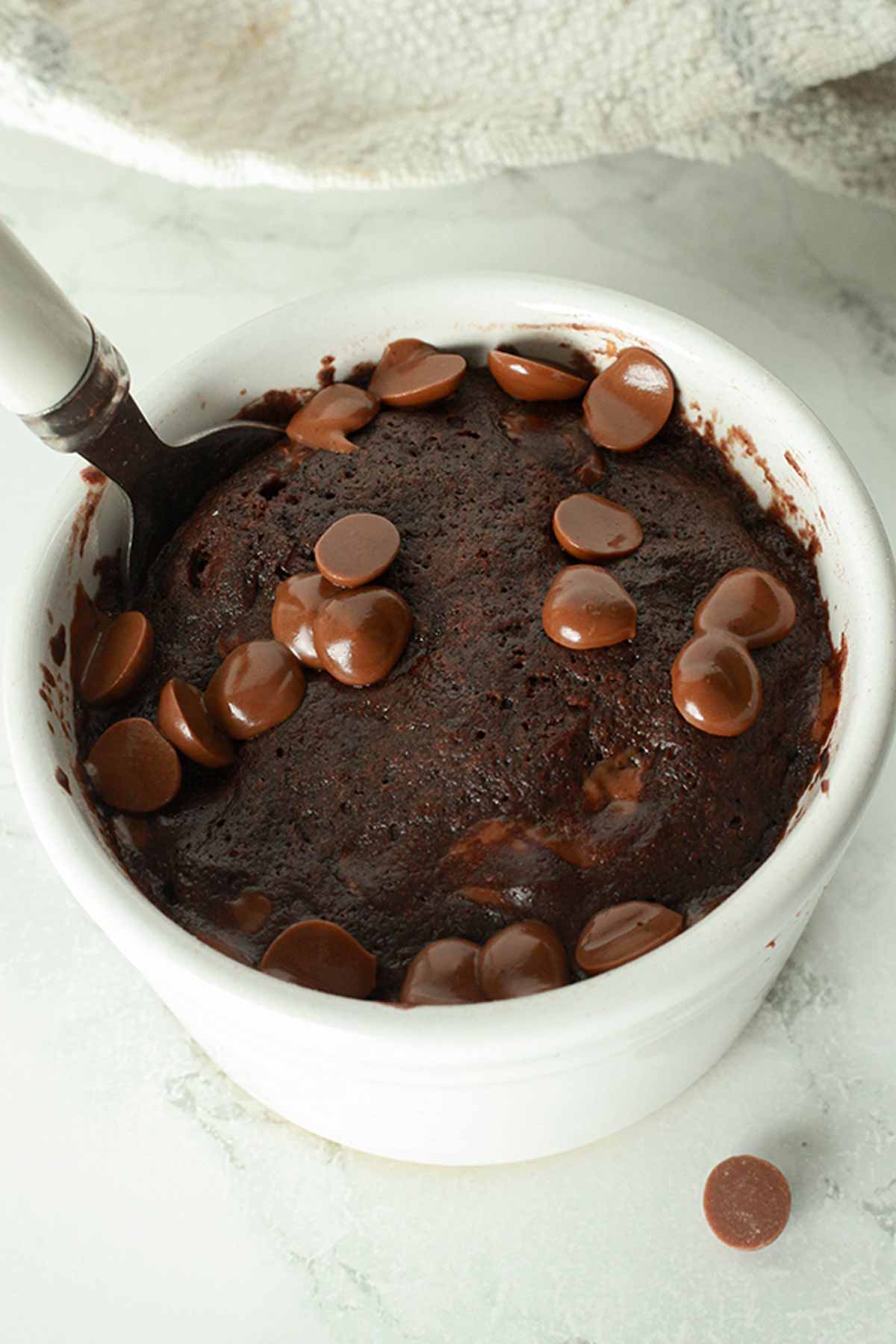 Vegan Chocolate Mug Cake In A White Ramekin