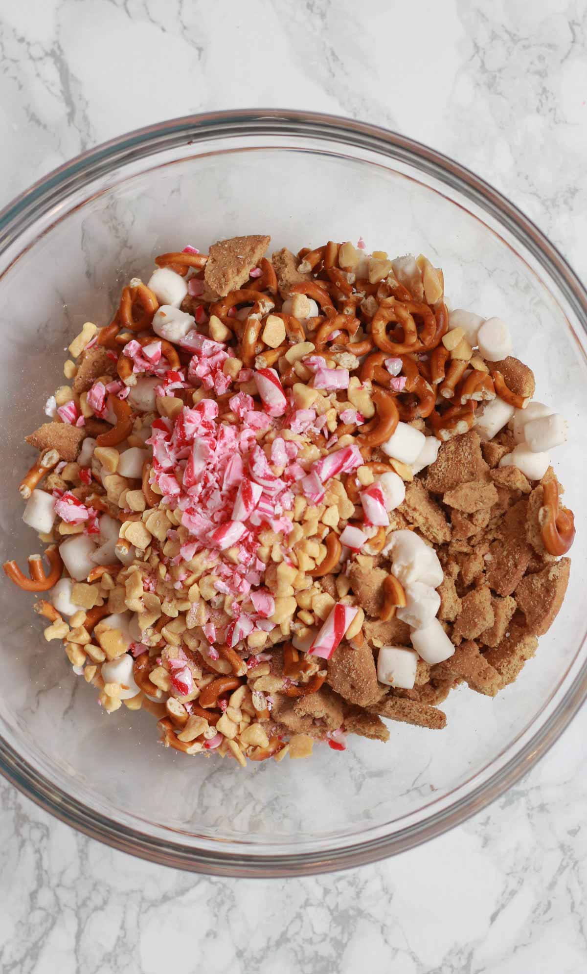 All Of The Mix In Ingredients In A Large Glass Bowl