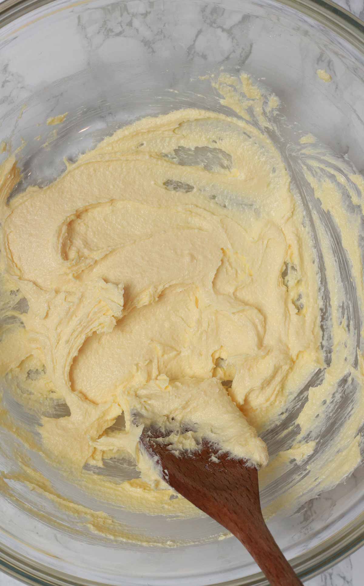 Butter And Sugar Creamed Together In Glass Bowl