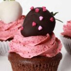 Image Of Vegan Chocolate Strawberry Cupcakes On White Cake Stand