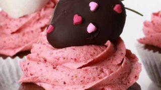 Image Of Vegan Chocolate Strawberry Cupcakes On White Cake Stand