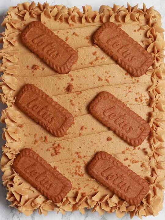 image of iced Biscoff traybake with dairy-free buttercream on top