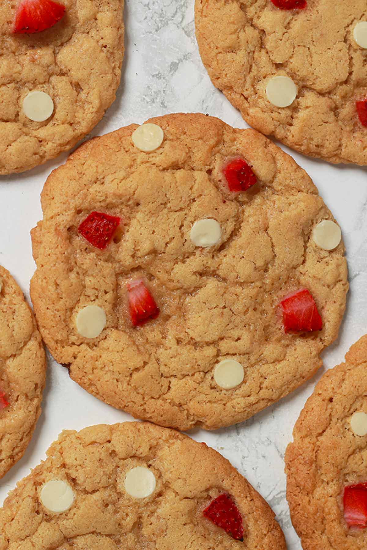 Overhead Shot Of Vegan Strawberry Cookies With White Chocolate Chips
