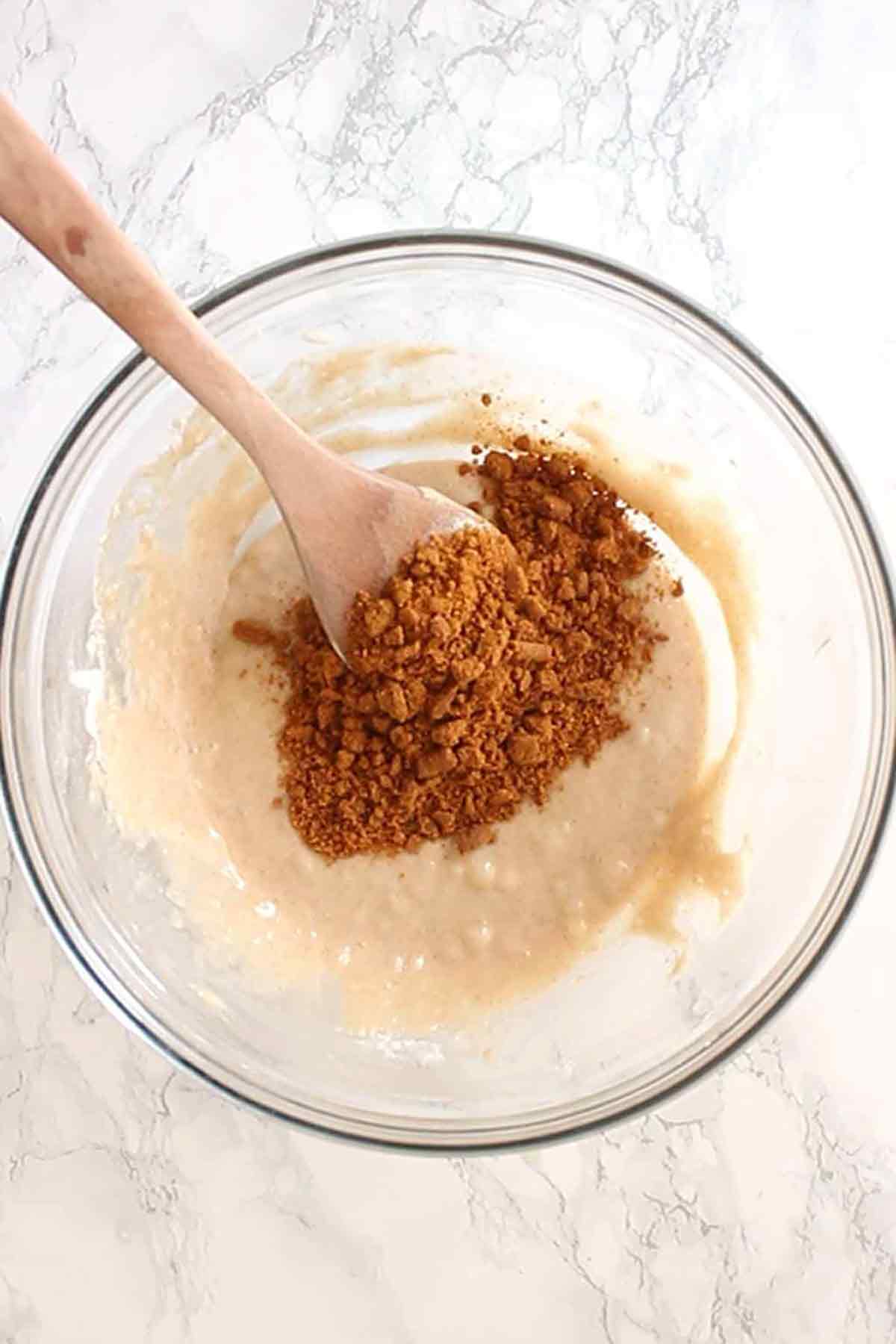Adding Biscoff Crumbs To The Dairy Free Batter