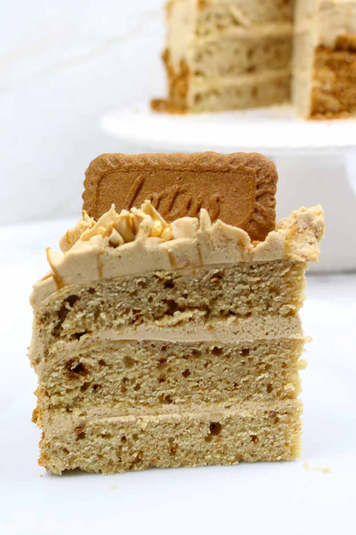 An Upright Slice Of Vegan Biscoff Cake On A Plate