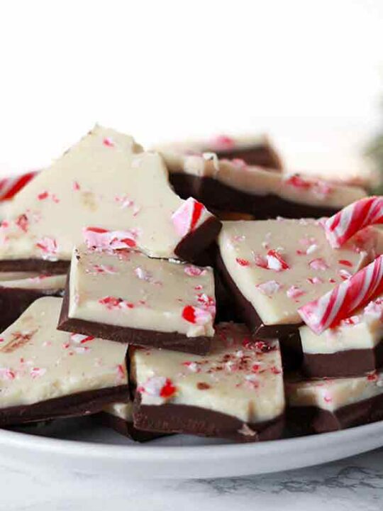 Dairy Free Chocolate Bark On Plate With Mini Candy Canes