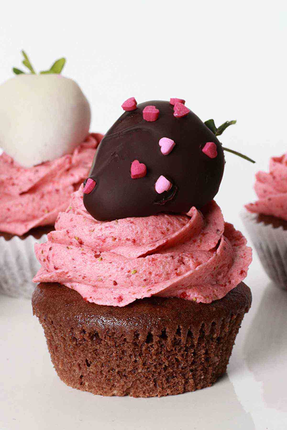 Vegan Chocolate Strawberry Cupcakes On A White Surface