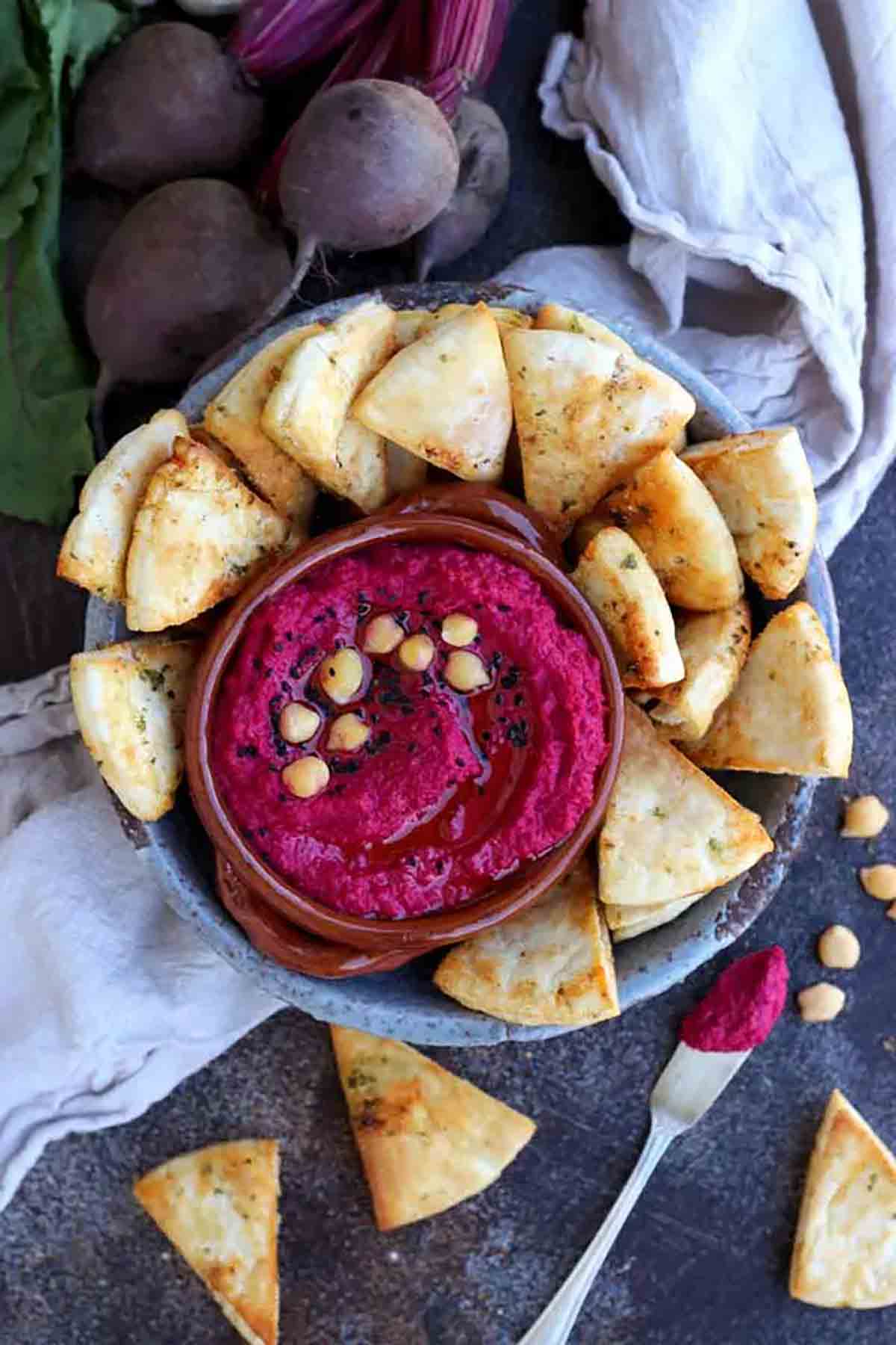 Roasted Beetroot Hummus for vegetarian date night recipes post