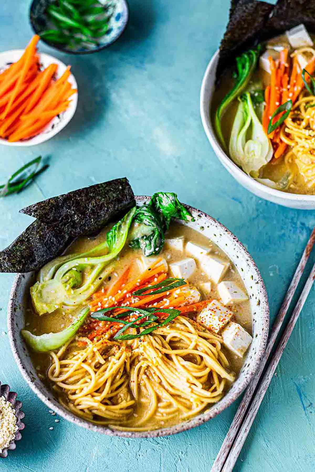 Easy Vegan Ramen in two bowls for date night