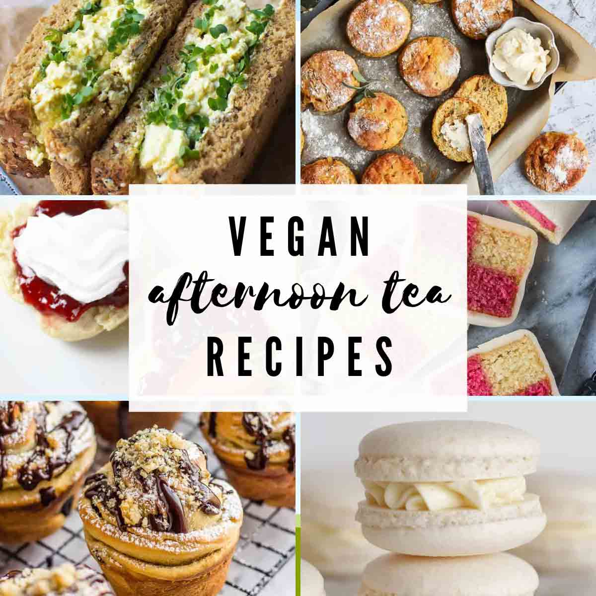 Food Images With Text Overlay That Reads 'vegan Afternoon Tea Recipes'