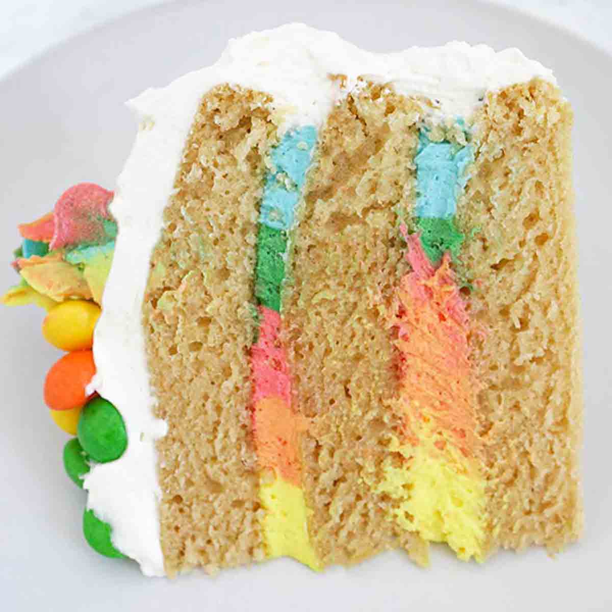 Vegan Rainbow Cake Slice with different colours of frosting inside